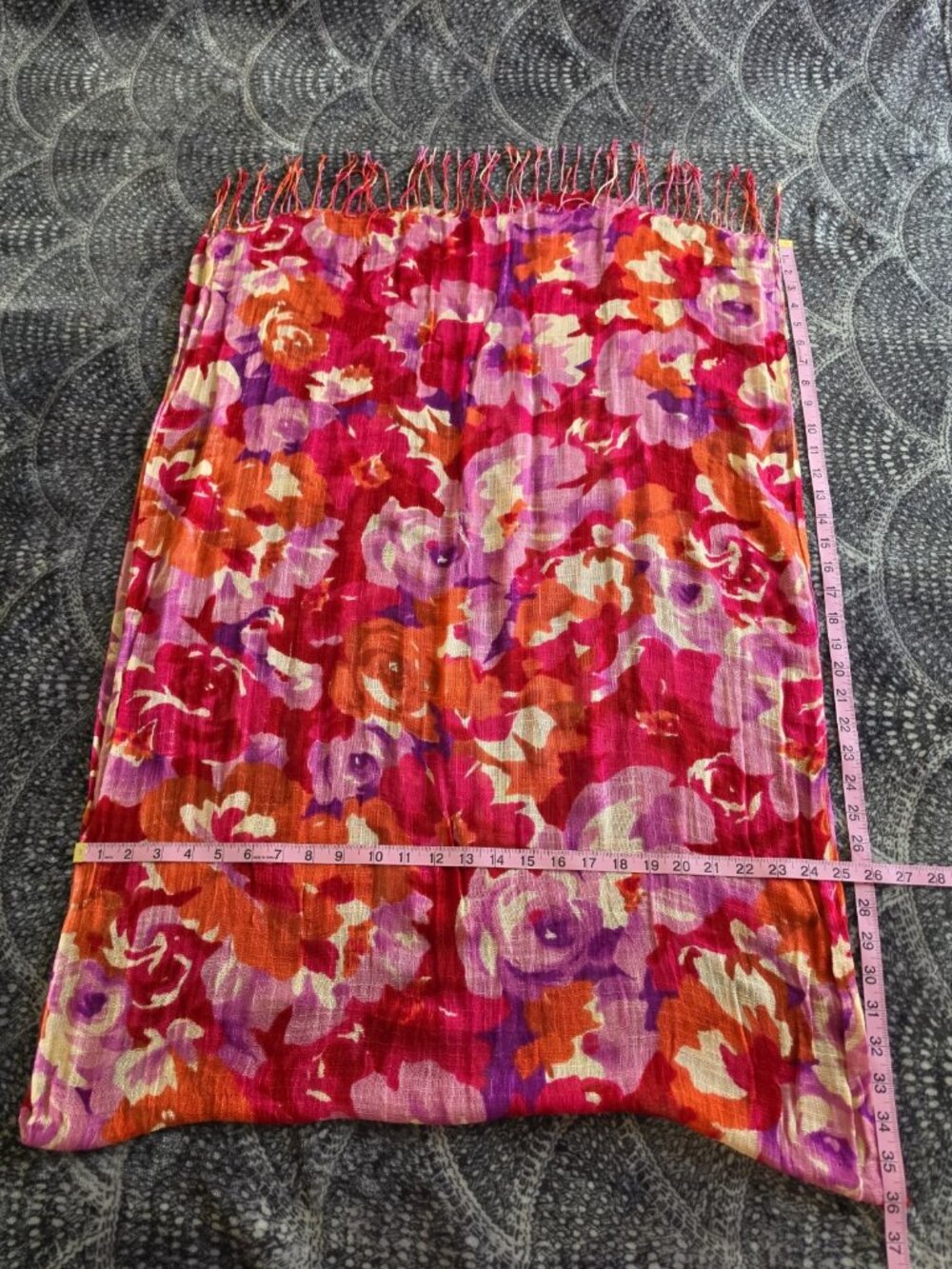 Women's Floral Rectangle Scarf w/ Fringe Pink Purple Red Orange White 72x26 - Picture 3 of 6